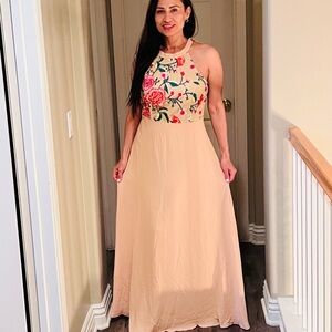 Vibrant Pink and Yellow Halter Maxi Sundress